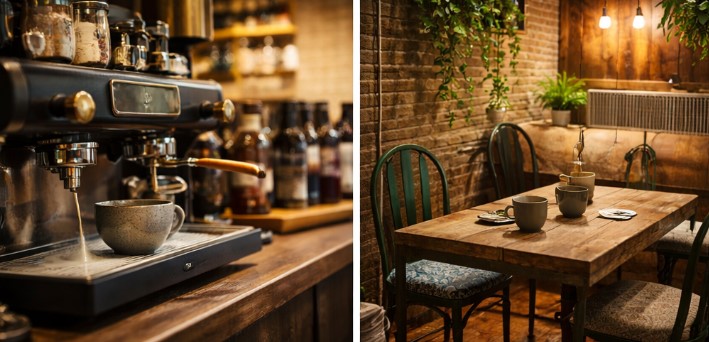 Interior detail of Camden-inspired coffee shop created from a retail unit conversion
Specialty coffee bar and seating within a high-performance café fit-out
Timber and exposed brick materials used in contemporary coffee shop design
