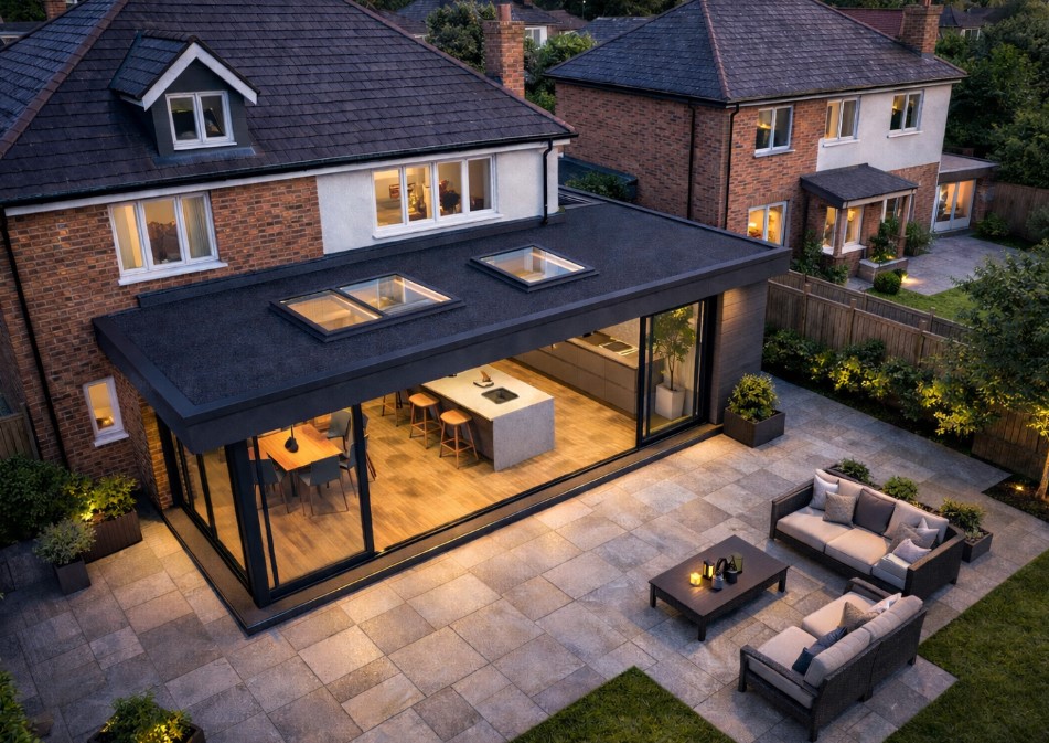 modern rear extension with skylights and bifold doors in Essex
contemporary rear house extension with flat roof and skylights
modern open plan rear extension design Essex home
single storey rear extension with large glass doors and rooflights
architect designed rear extension with skylights and patio
modern kitchen extension with bifold doors opening to garden
contemporary flat roof rear extension with rooflights
glass rear extension with open plan kitchen interior
rear extension design with skylights bringing natural light
modern garden facing rear extension with sliding glass doors