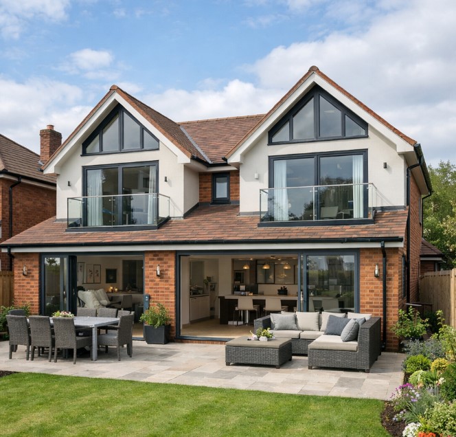 Rear extension design UK with floor to ceiling glazing and open plan kitchen diner