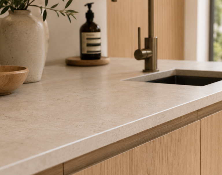 Warm minimalist Japandi-style kitchen extension interior